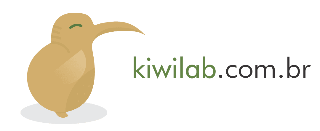 Kiko, mascote da Kiwi Lab!, ao lado do endereço kiwilab.com.br